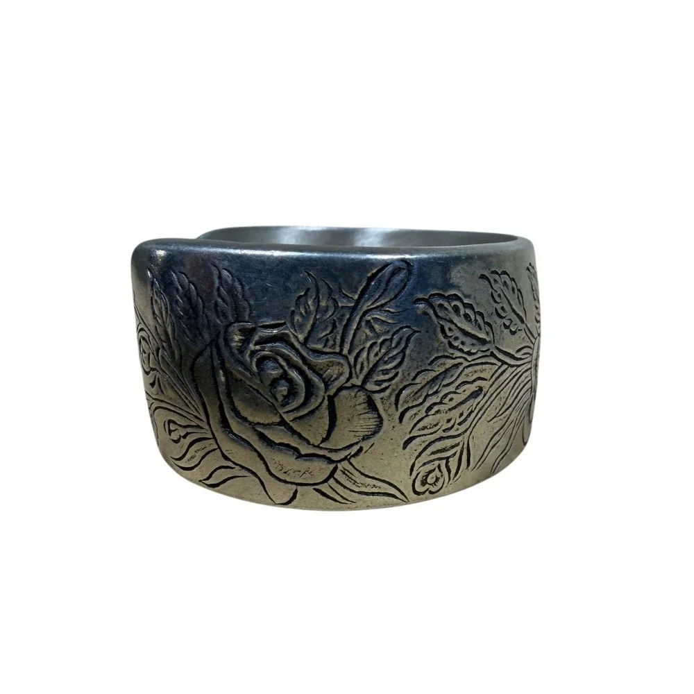 Vintage Salisbury Fine Metal Artisans Pewter Rose Floral June Cuff Bracelet 7.5